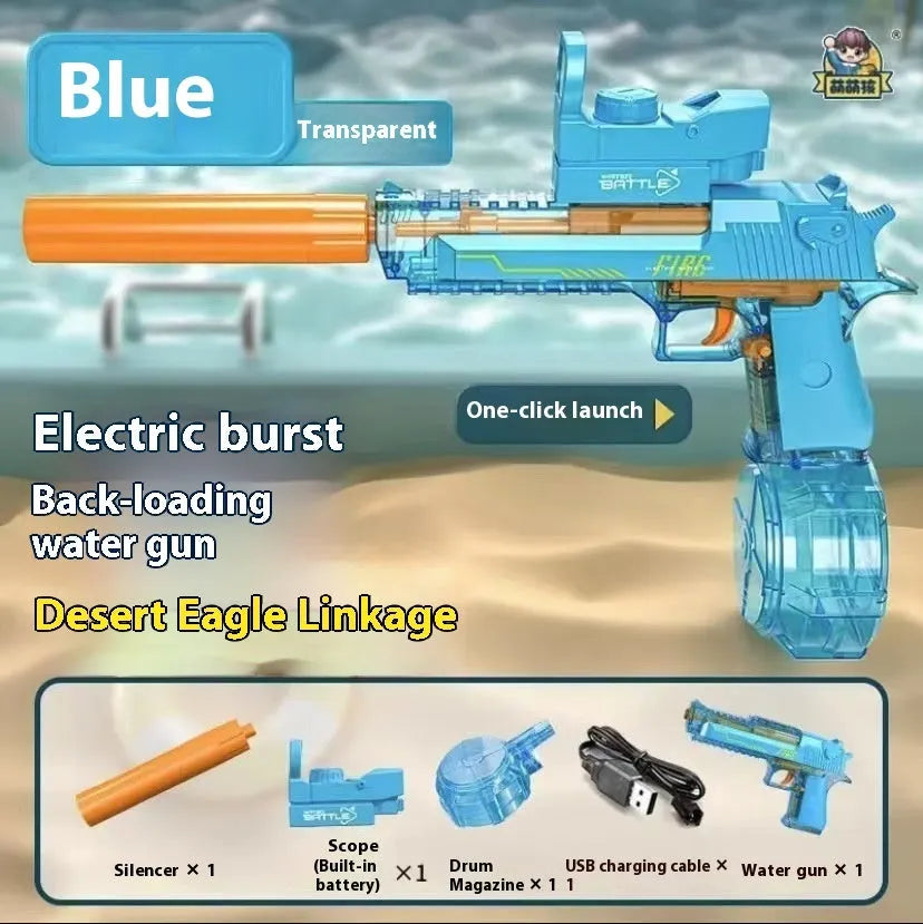 Electric water gun with fire light effect in blue, plastic water toy for teenagers