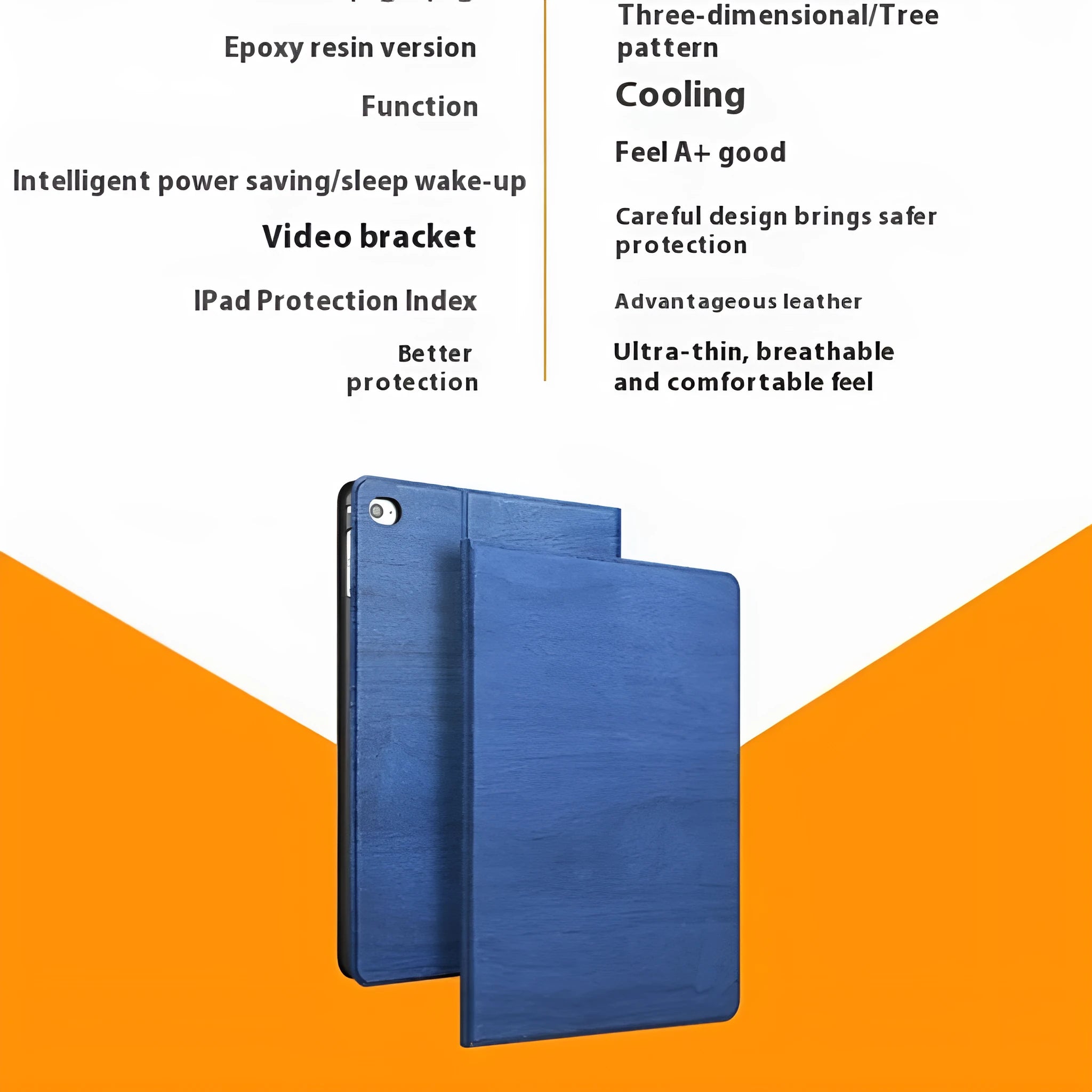 Sapphire blue imitation leather iPad cover with a built-in universal sleep bracket on the back.