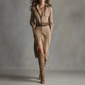 Women's French waist asymmetric khaki polyester dress with high waist, front view