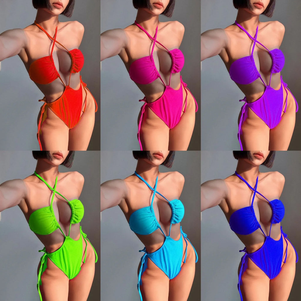 Women's black one-piece swimsuit with a white drawstring at the waist, shown on a model.
