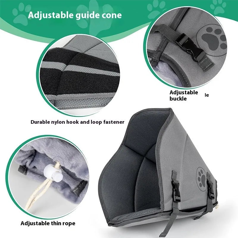 Soft grey adjustable fabric recovery collar ring for dogs and cats on a table, showing the fastener.
