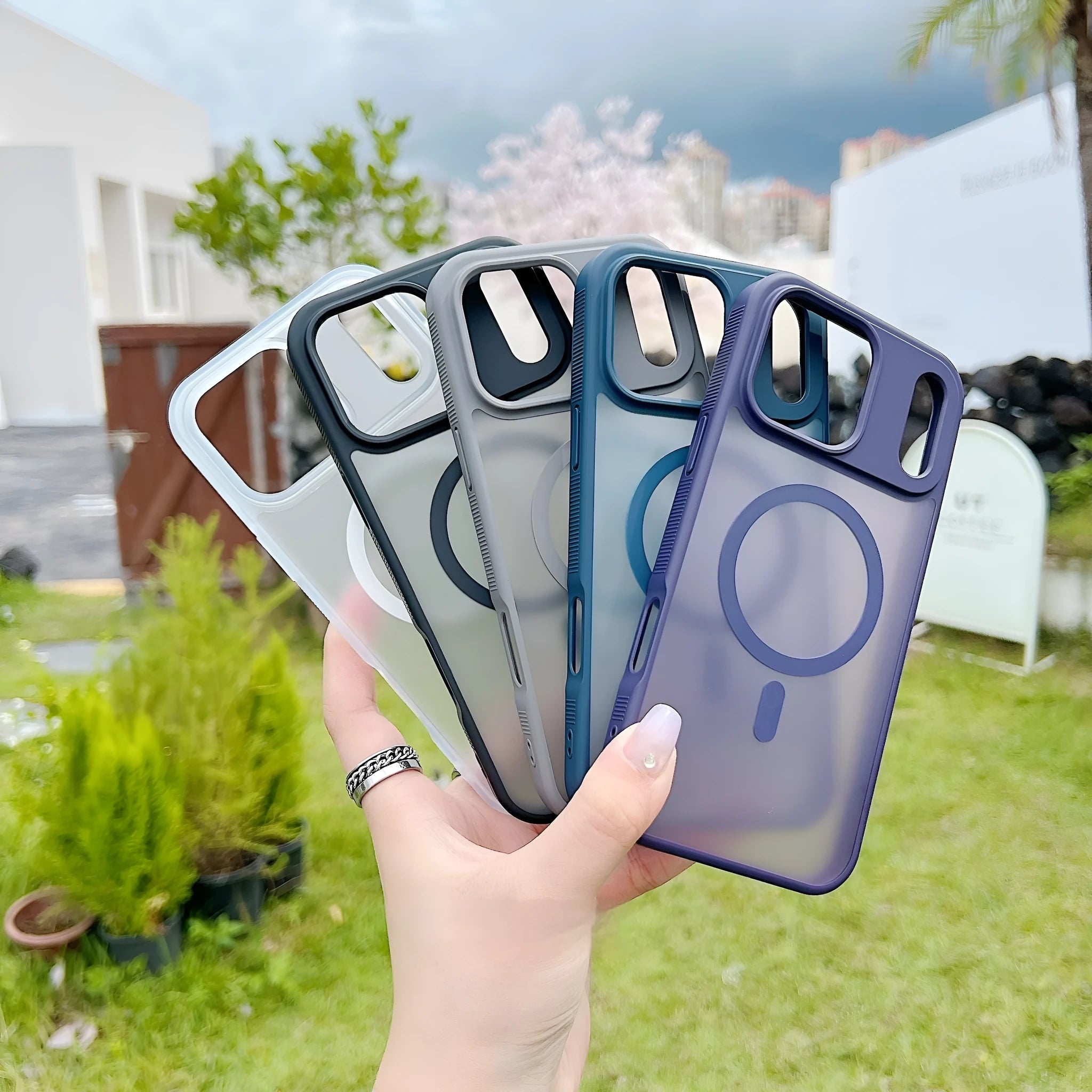 Magnetic matte frosted iPhone case in black colour showing front and back view.