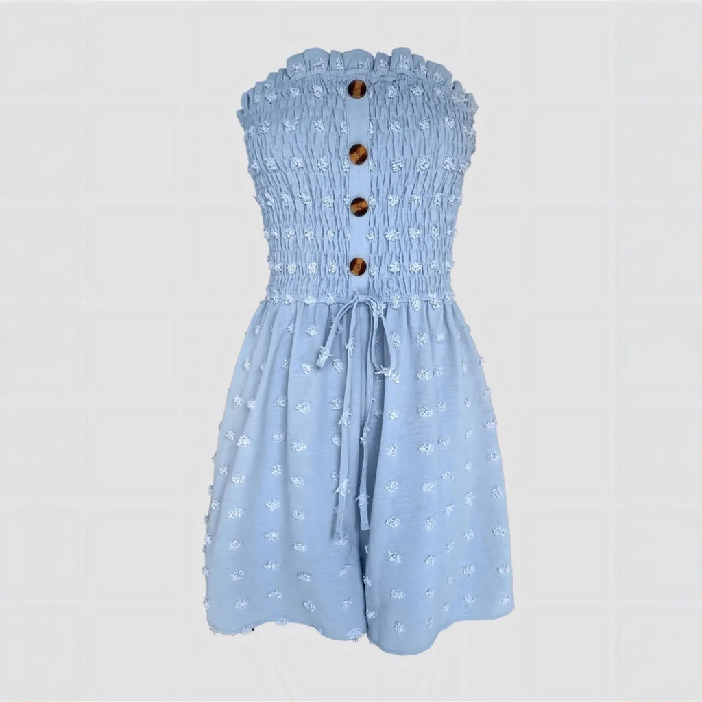 Women's sleeveless off-shoulder jumpsuit in polyester fabric showing blue colour option with button detailing