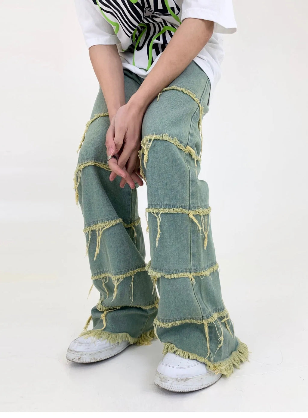 Men's green retro washed raw denim straight leg jeans