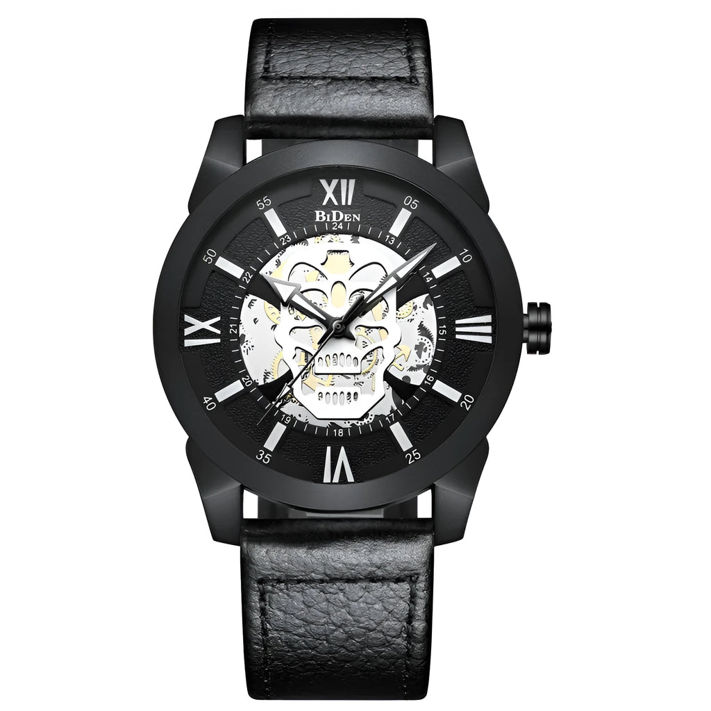 Men's hollow dial quartz watch with calendar and brown leather strap