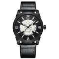 Men's hollow dial quartz watch with calendar and brown leather strap