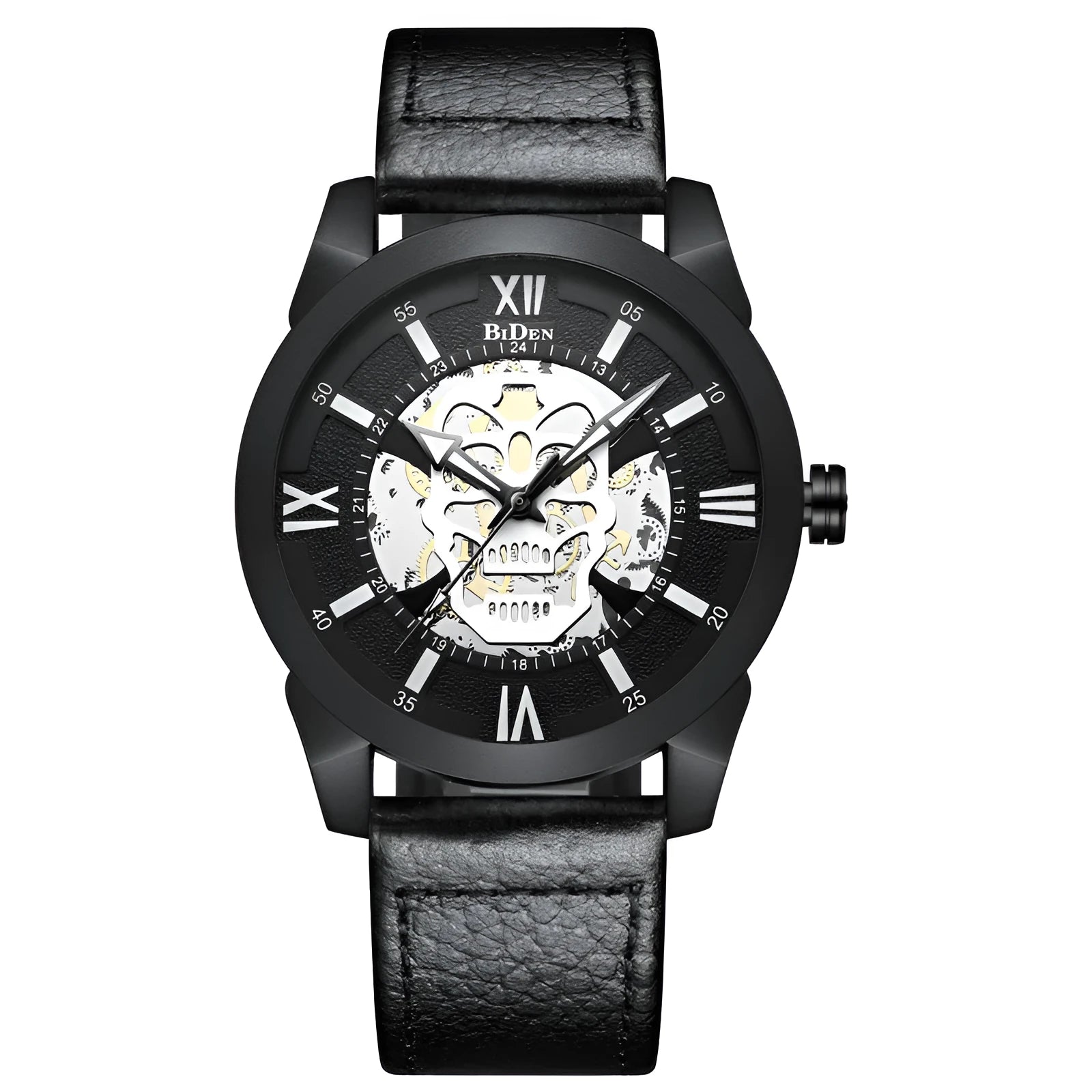 Men's hollow dial quartz watch with calendar and brown leather strap