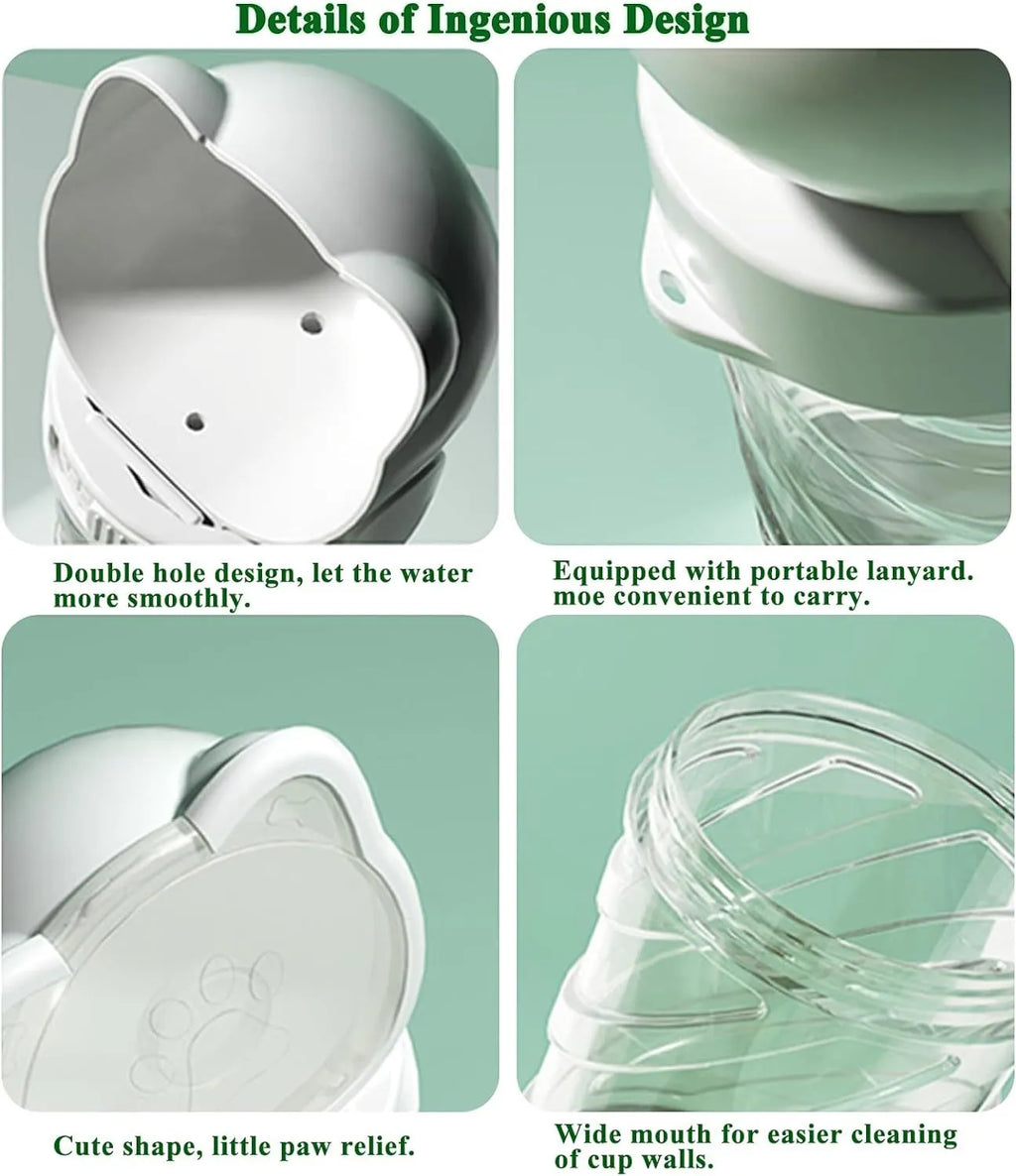 Green 3-in-1 portable pet water bottle with food container, waste bag dispenser, and carrying strap.