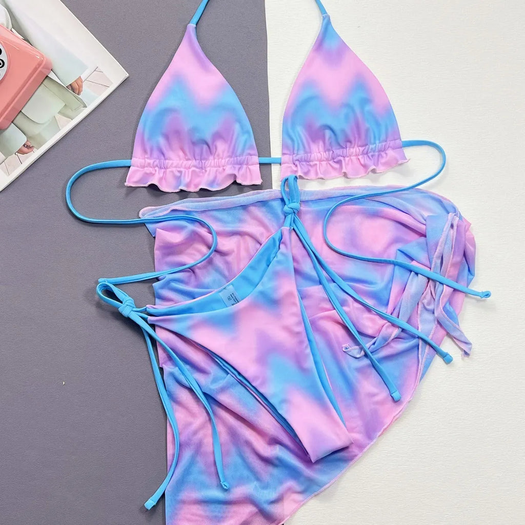 Women's tie-dye bikini swimsuit with split-front design and matching bra and briefs