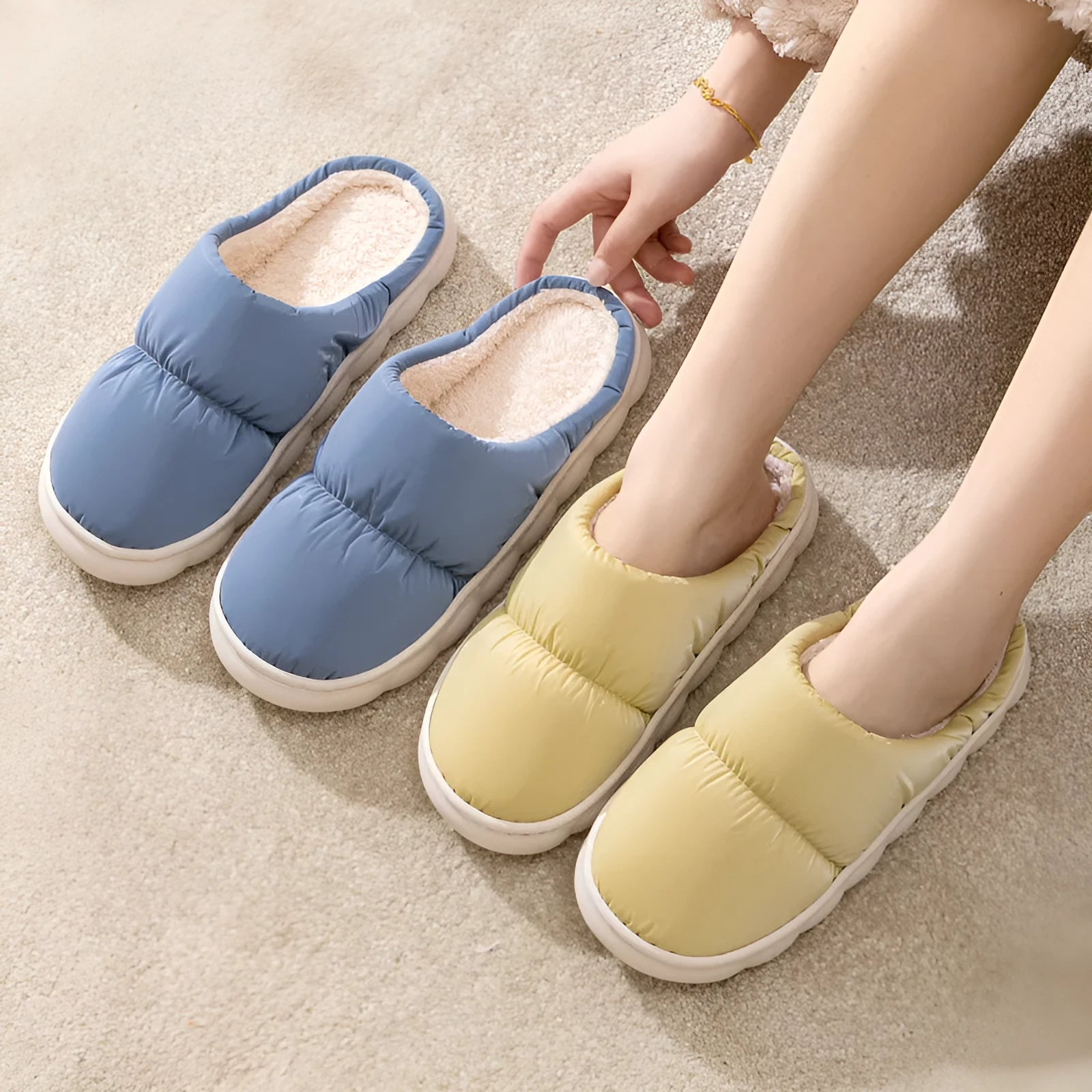 Artificial leather and rubber house slippers with thick sole and plush lining in blue, green, grey, pink or yellow