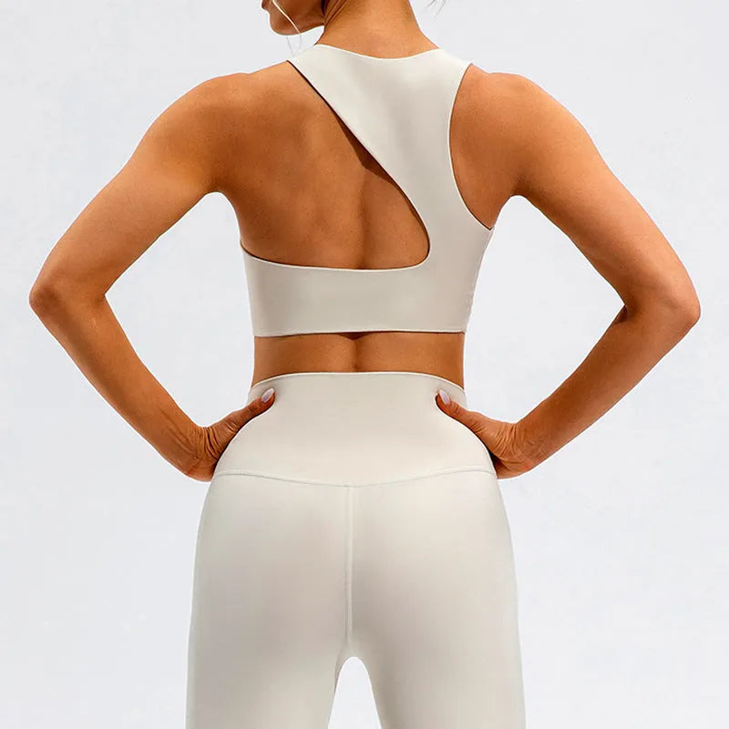 High waist running sports fitness yoga clothes set in Lycra fabric off-white black and dark brown tight fit women