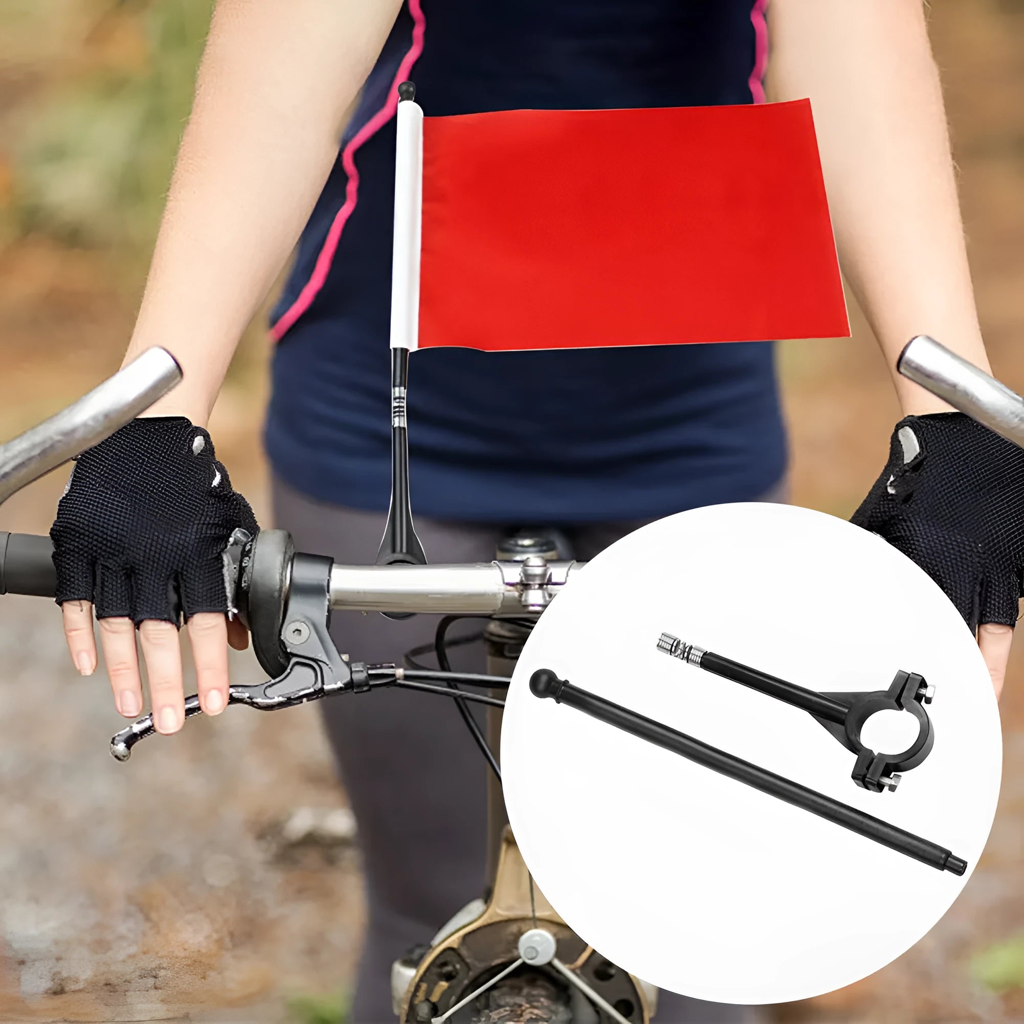 Polyester square flag on a plastic handlebar flagpole set.