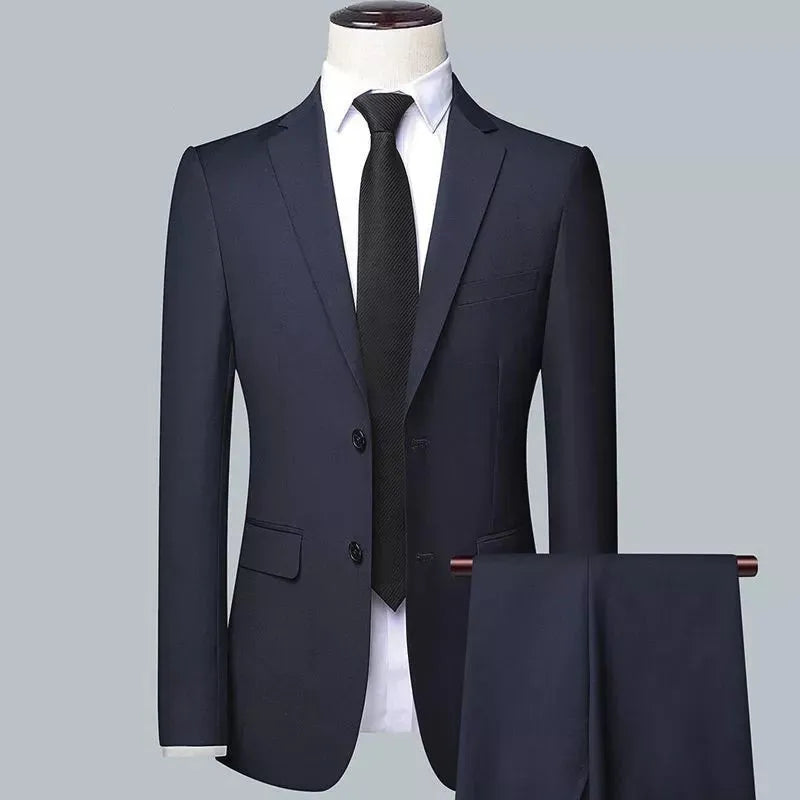Men's three-piece business suit set in Korean slim fit style with trousers and matching tie