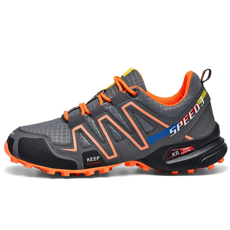 Men's grey orange synthetic leather casual shoes with mesh lining and a rubber sole.