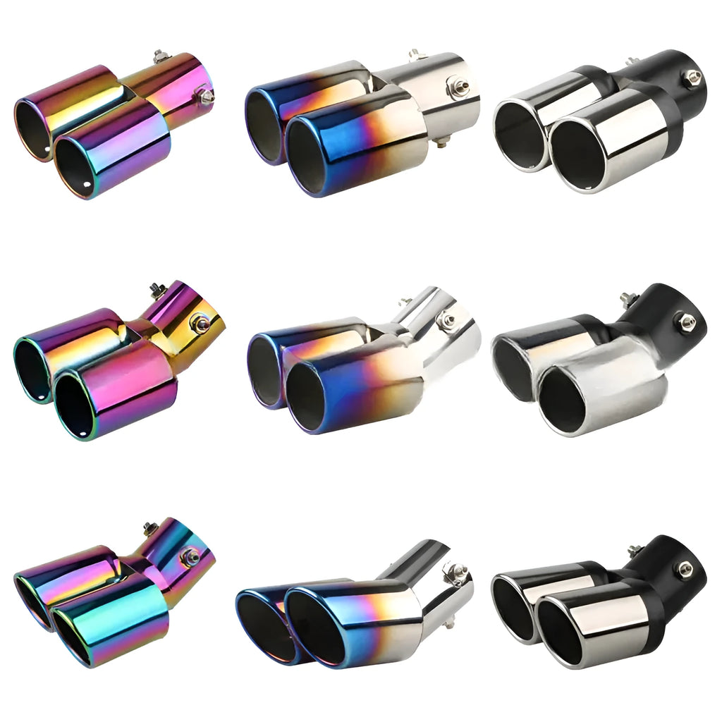 Universal stainless steel car exhaust tip with 145mm length showing different mouth style options.