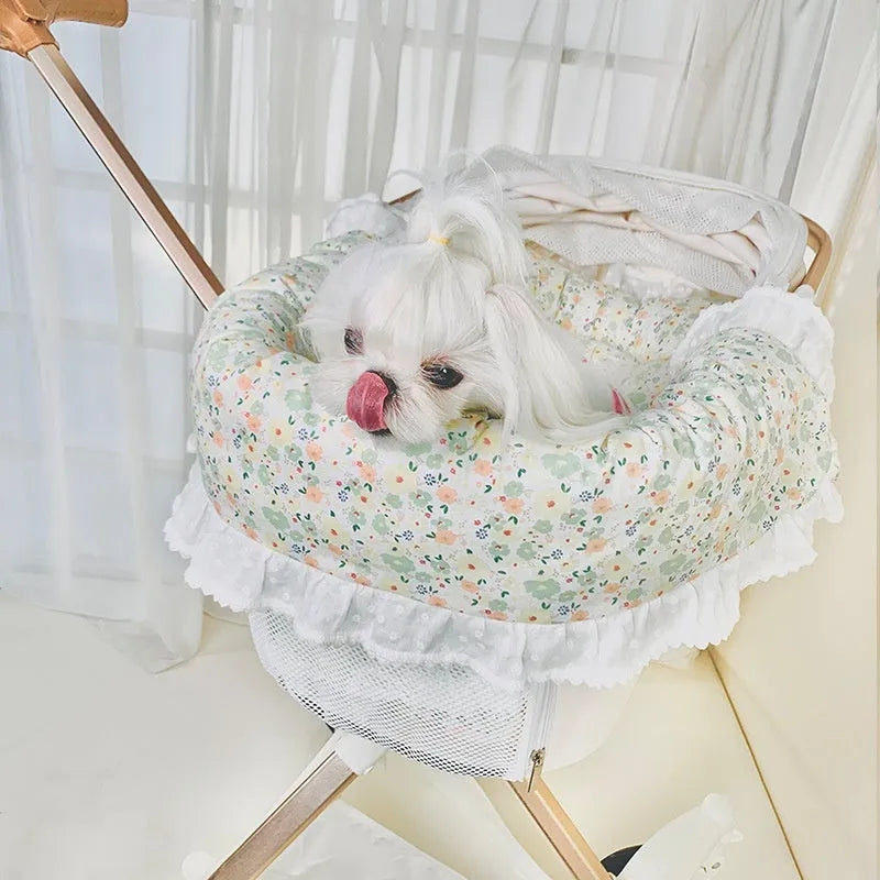 Pure cotton pet stroller pad set showing anti-dirty towel, cushion, and pillow in a blue green apple pattern.