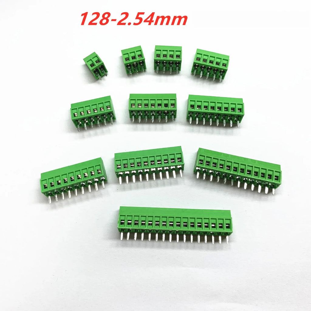 Green bolt-style wiring terminal connector joint with 2.54mm spacing, 18AWG wire compatibility, two connection points, and 6A 150V rating