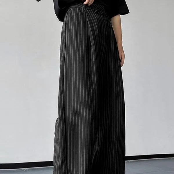 Men's black vertical striped pleated casual trousers showing front and side views