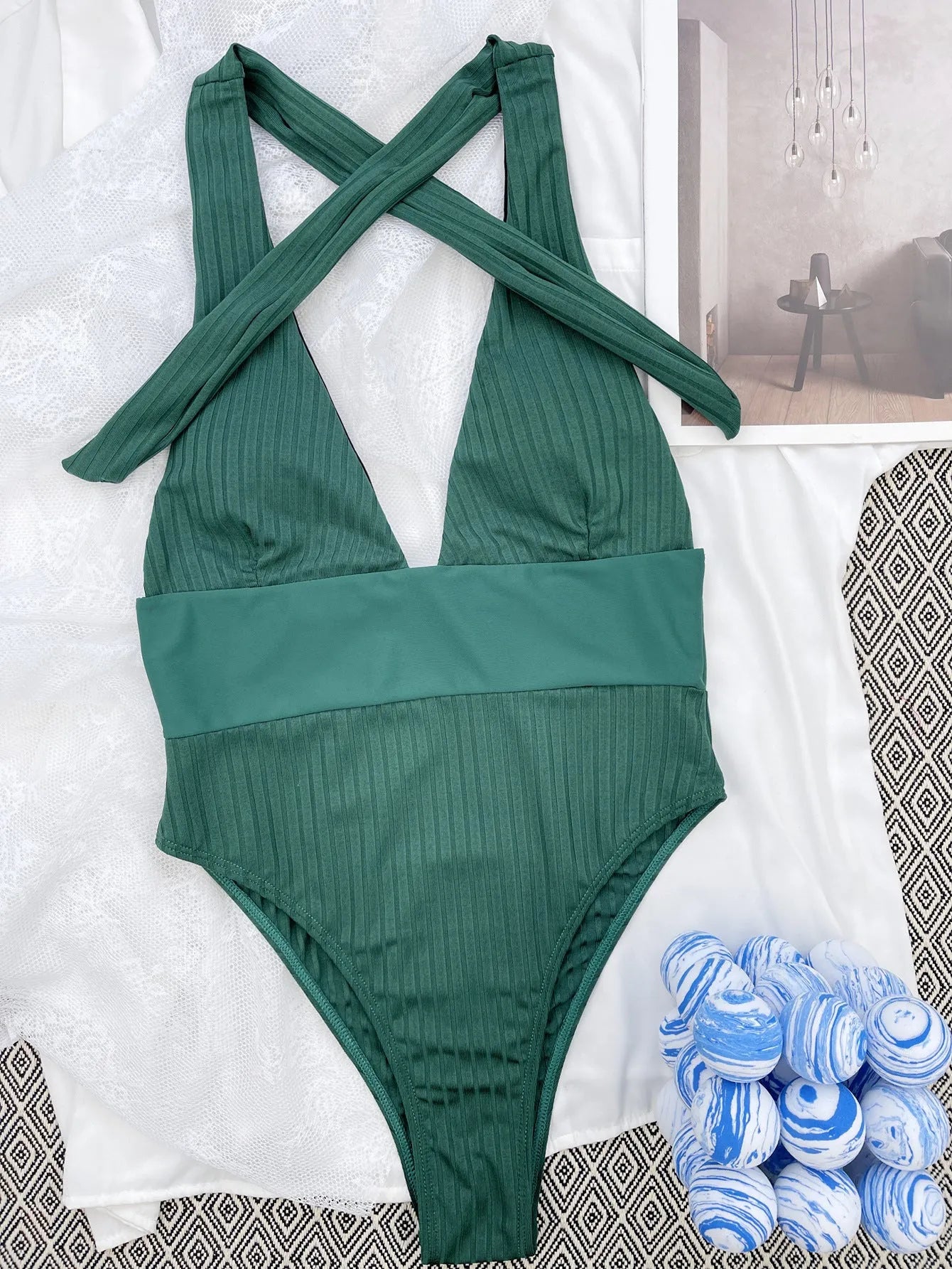 Army green one-piece patchwork swimsuit bikini for women nylon lining casual swimming wading