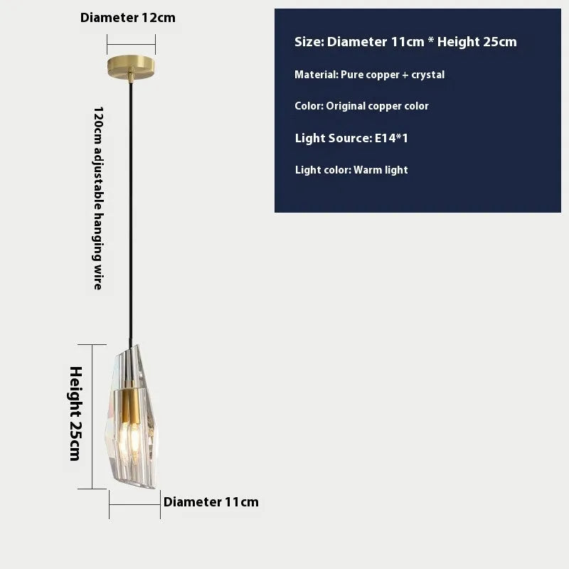 Copper crystal bedside pendant light, 11cm diameter, 25cm height, E14 warm light, 220V, H65 brass or wrought iron style