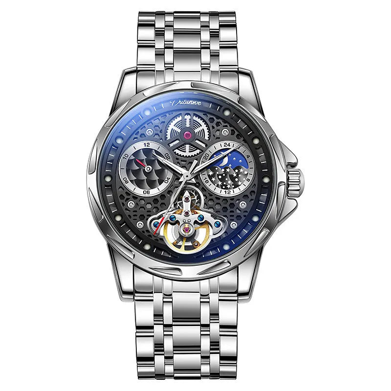 Men's automatic waterproof watch with luminous hands on a stainless steel bracelet.