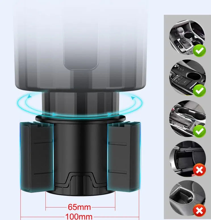 Matte black adjustable car cup holder expander for large bottles and cups on a car console.