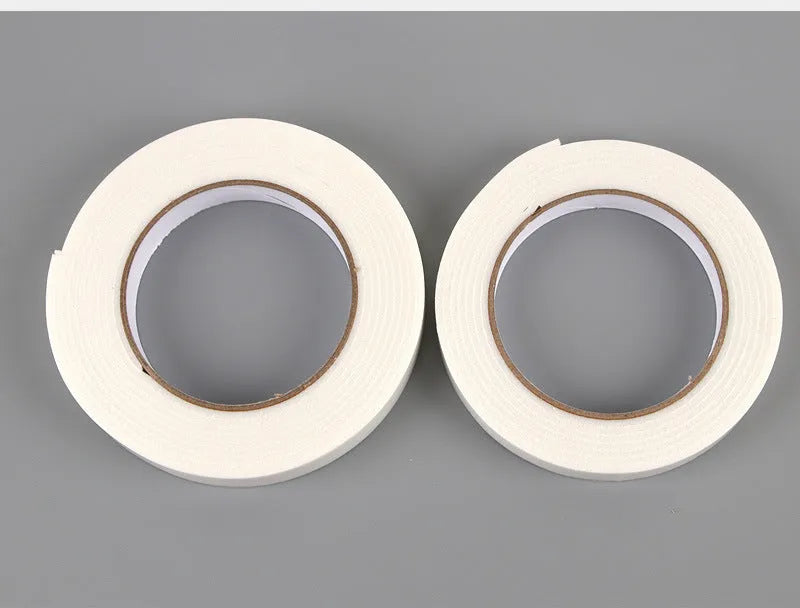 Roll of 3mm thick white foam double-sided adhesive tape with clear BOPP liner, showing width options.