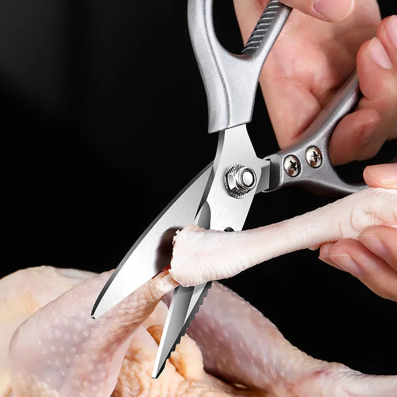 Pair of stainless steel kitchen scissors with non-slip handle, for cutting chicken bone and seafood, in silver