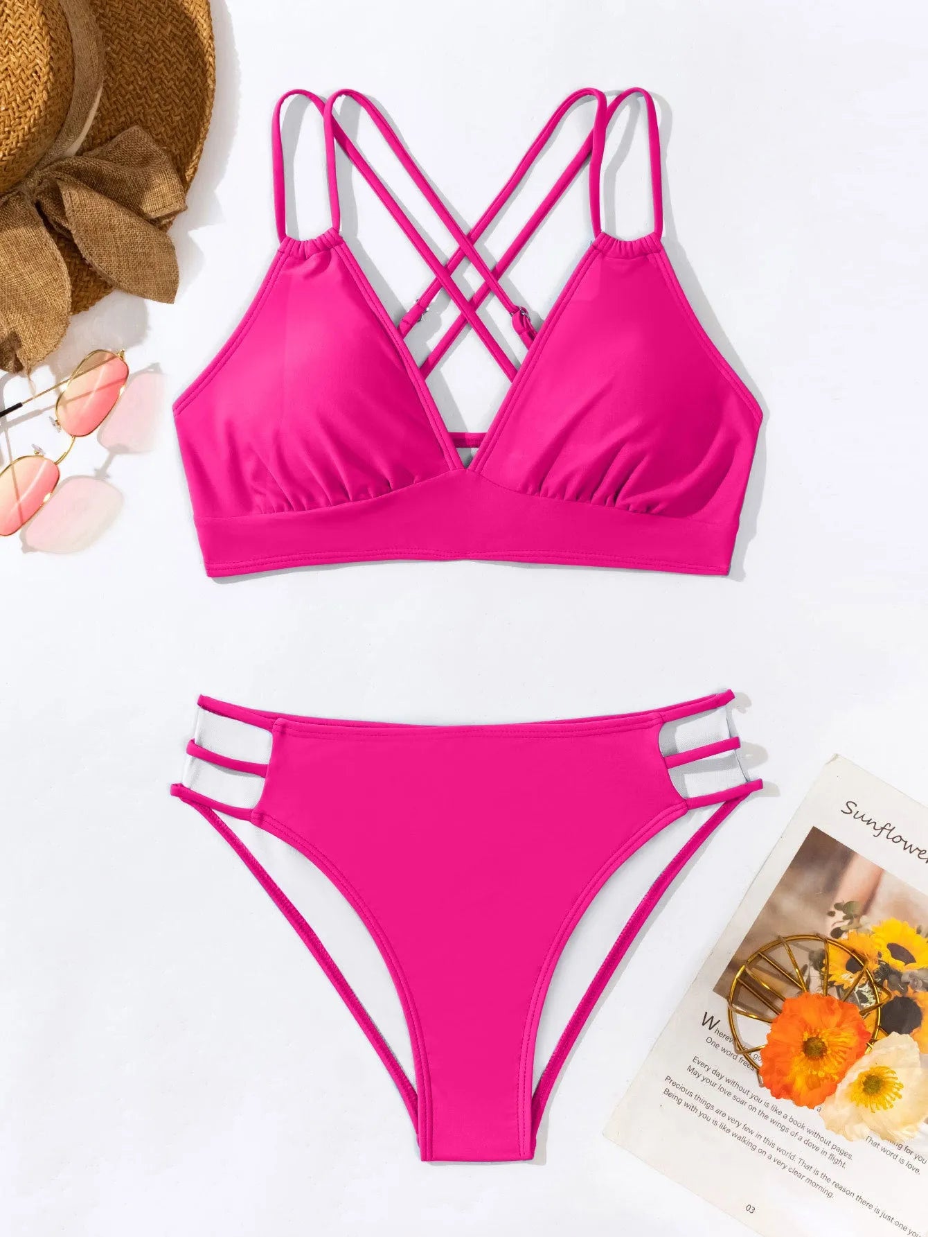 Women's halter bikini swimsuit with V-neck and adjustable straps in a solid colour.
