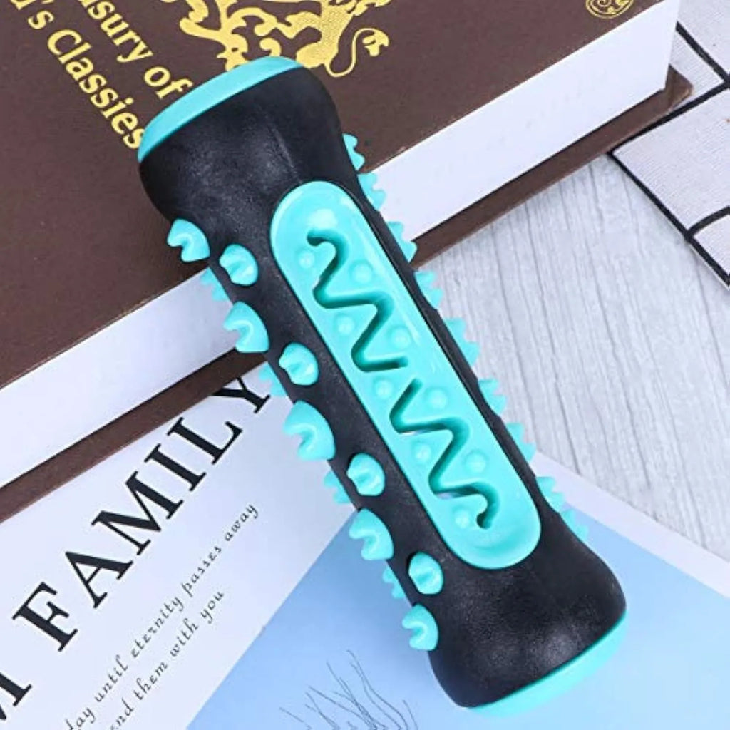 A natural rubber dog toothbrush chew toy in blue, measuring 15 cm long, for dental cleaning and play.