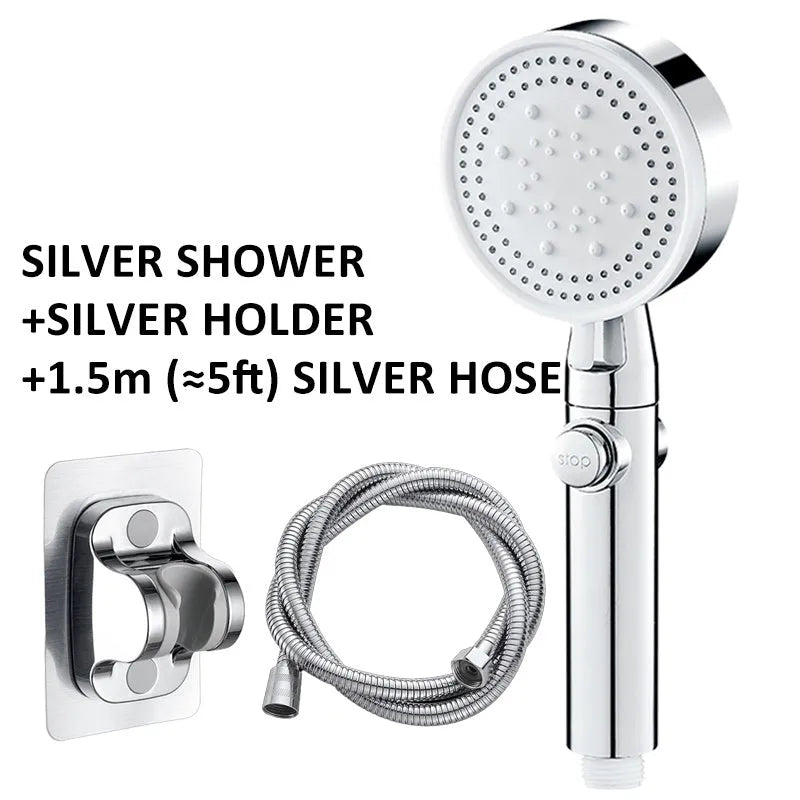 Portable 5-speed pressurised shower head with large water output in modern minimalist design
