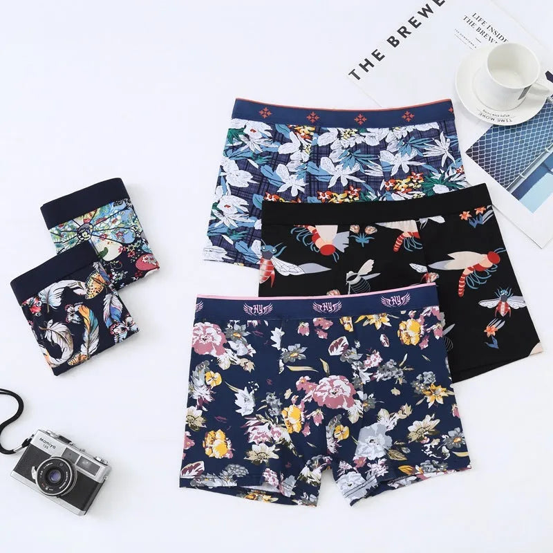 Men's cotton boxer shorts with mid-waist design and U-shaped construction in floral pattern
