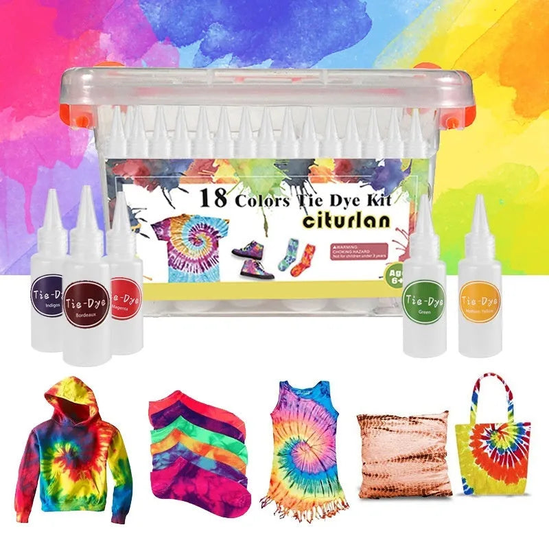 Children's 18 colour dye storage box set with 30ml bottles and accessories including rubber bands, aprons, and tablecloth