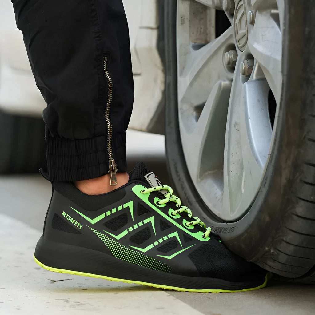 Black ultra-light labour protection shoes with steel toe caps and front lace-up design