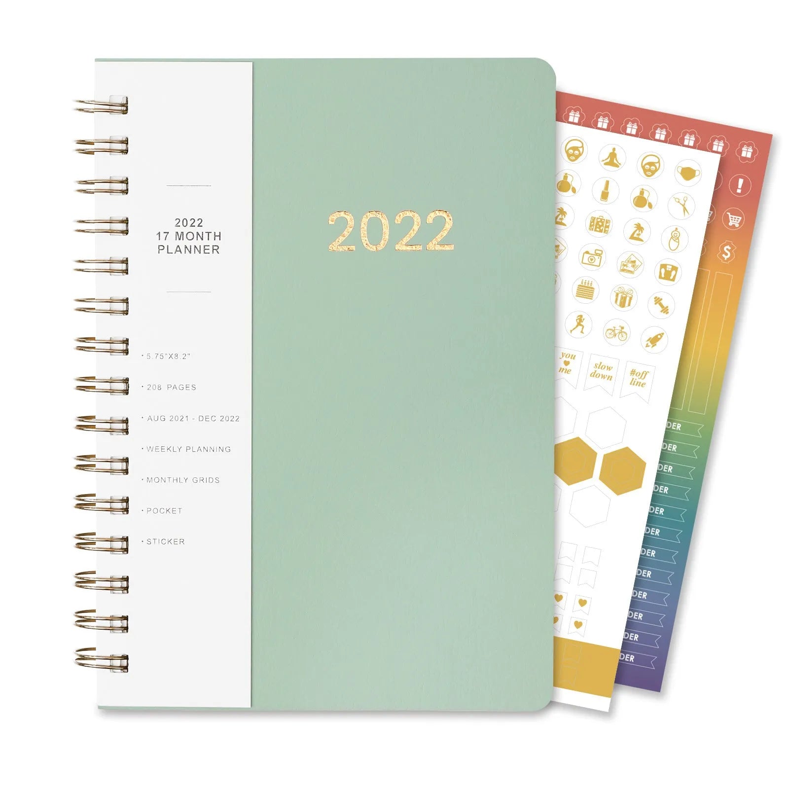 Blue or green PU leather student plan notebook with coil binding showing 2022 week planner pages and interior pockets