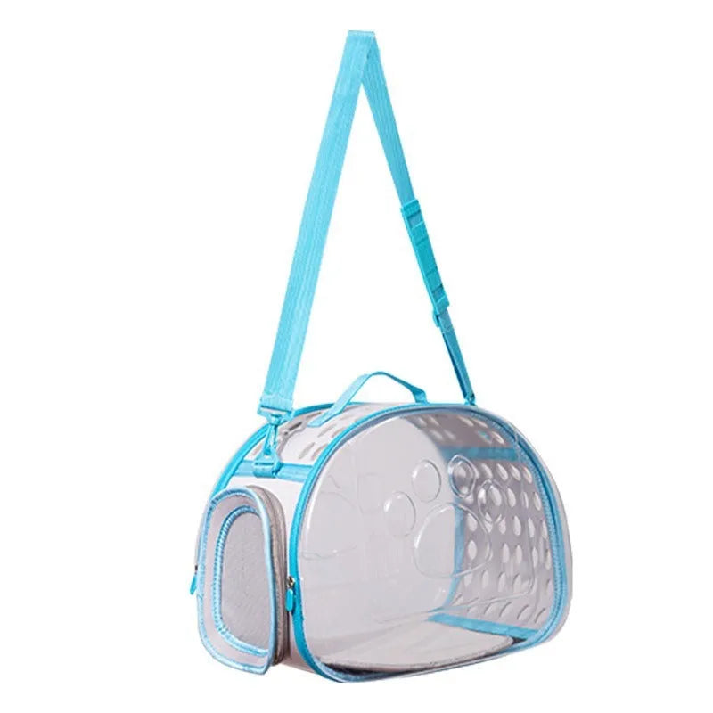 Transparent hard-shell cat backpack in grass green colour with shoulder straps, showing interior space dimensions
