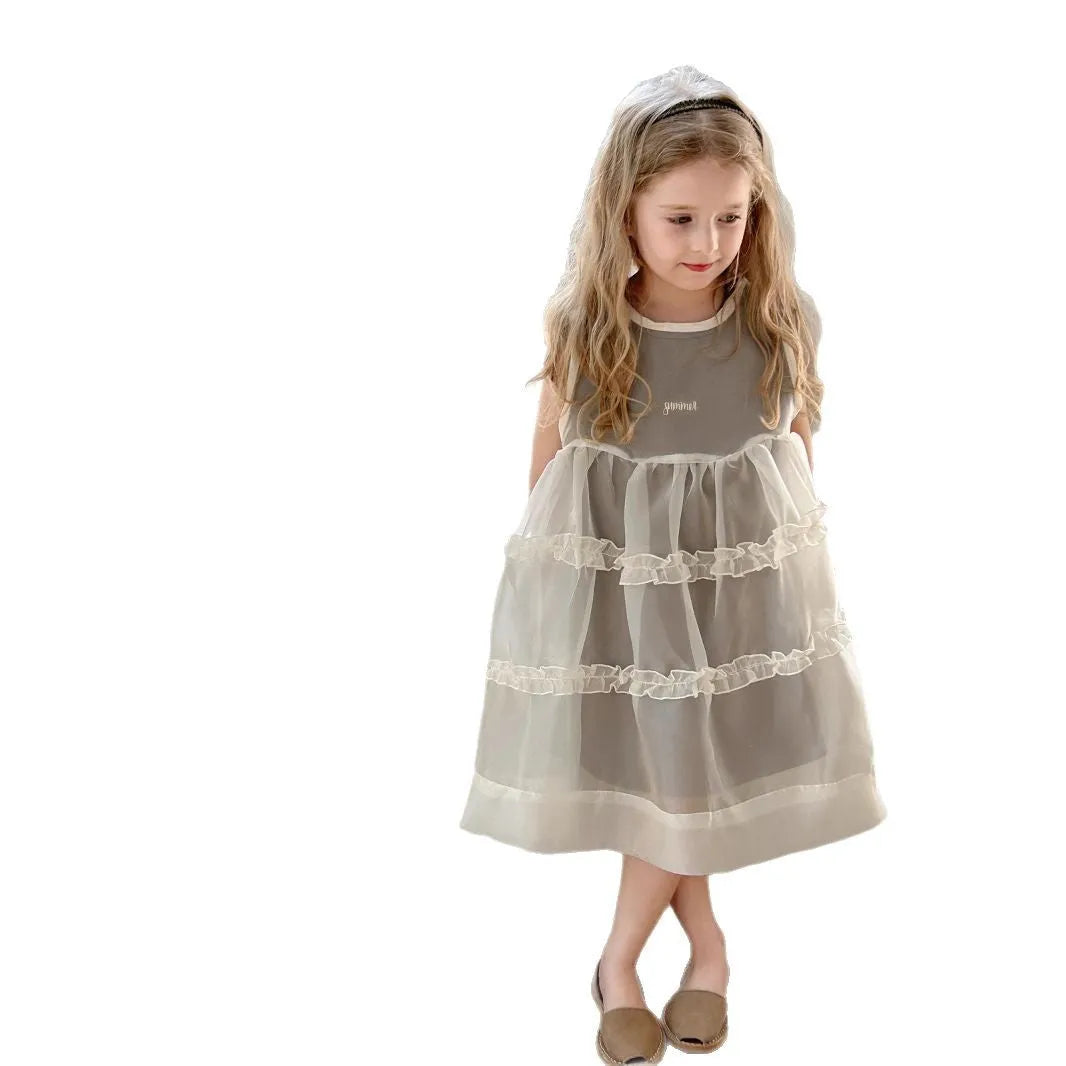 Light green girls summer sleeveless bandage dress two-piece set with yarn fabric