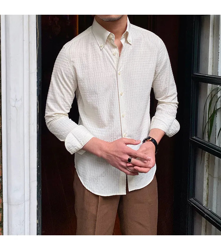 Retro breathable wrinkle resistant cotton blend shirt with button collar in beige, front view