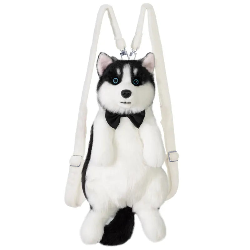Husky plush simulation bag toy with blue plaid scarf in gift box packaging