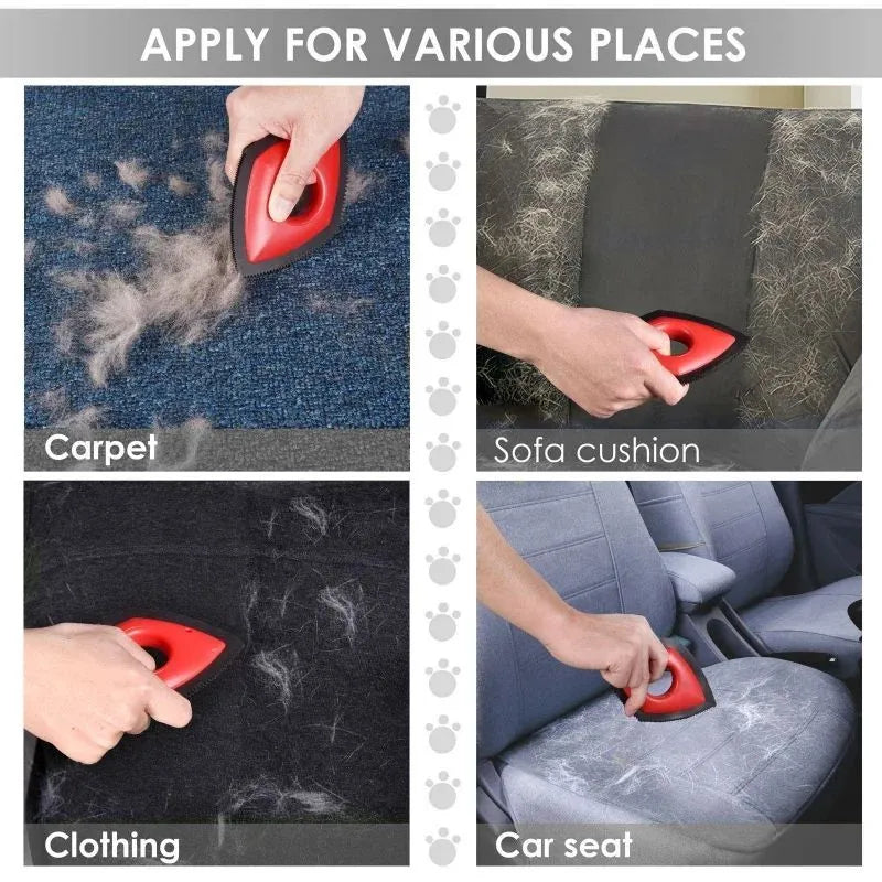 Handheld silicone pet hair removal brush in red on a carpet