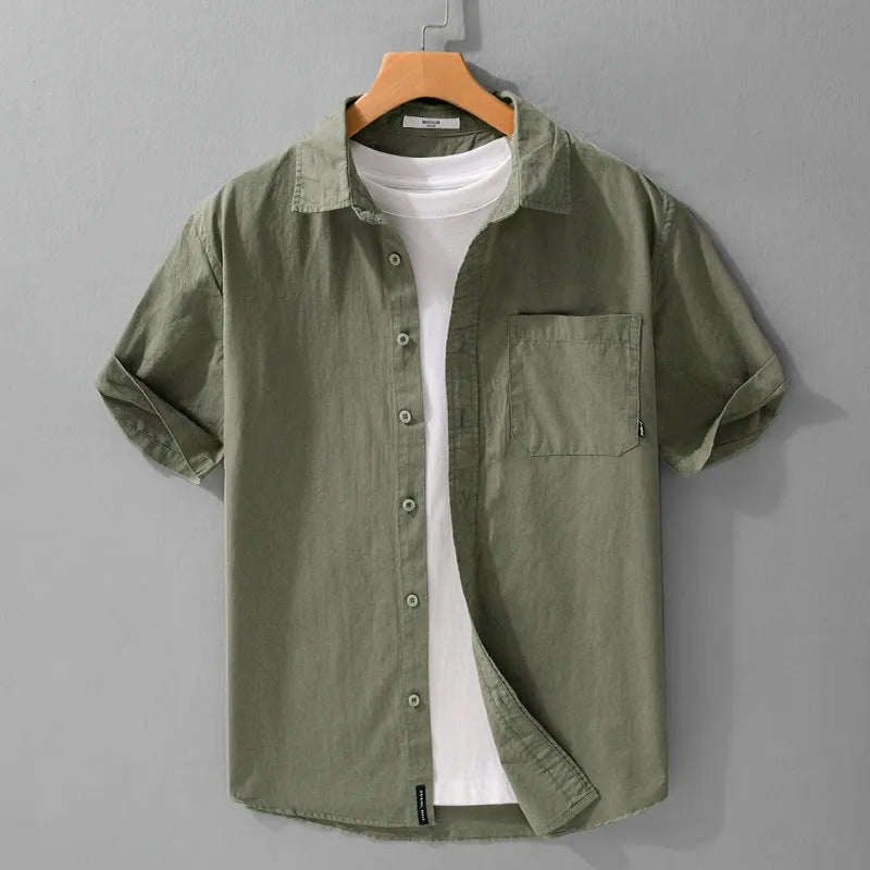 Man wearing a loose-fit light blue pure cotton short sleeve casual shirt.