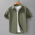 Man wearing a loose-fit light blue pure cotton short sleeve casual shirt.