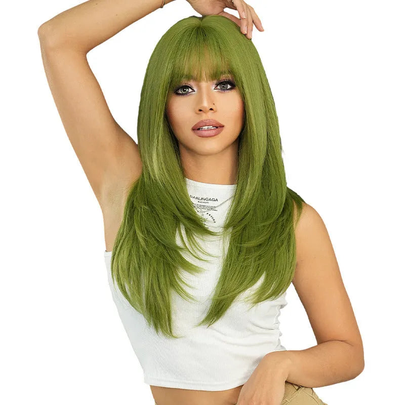 Vanilla green straight women's wig measuring 63cm long with bangs