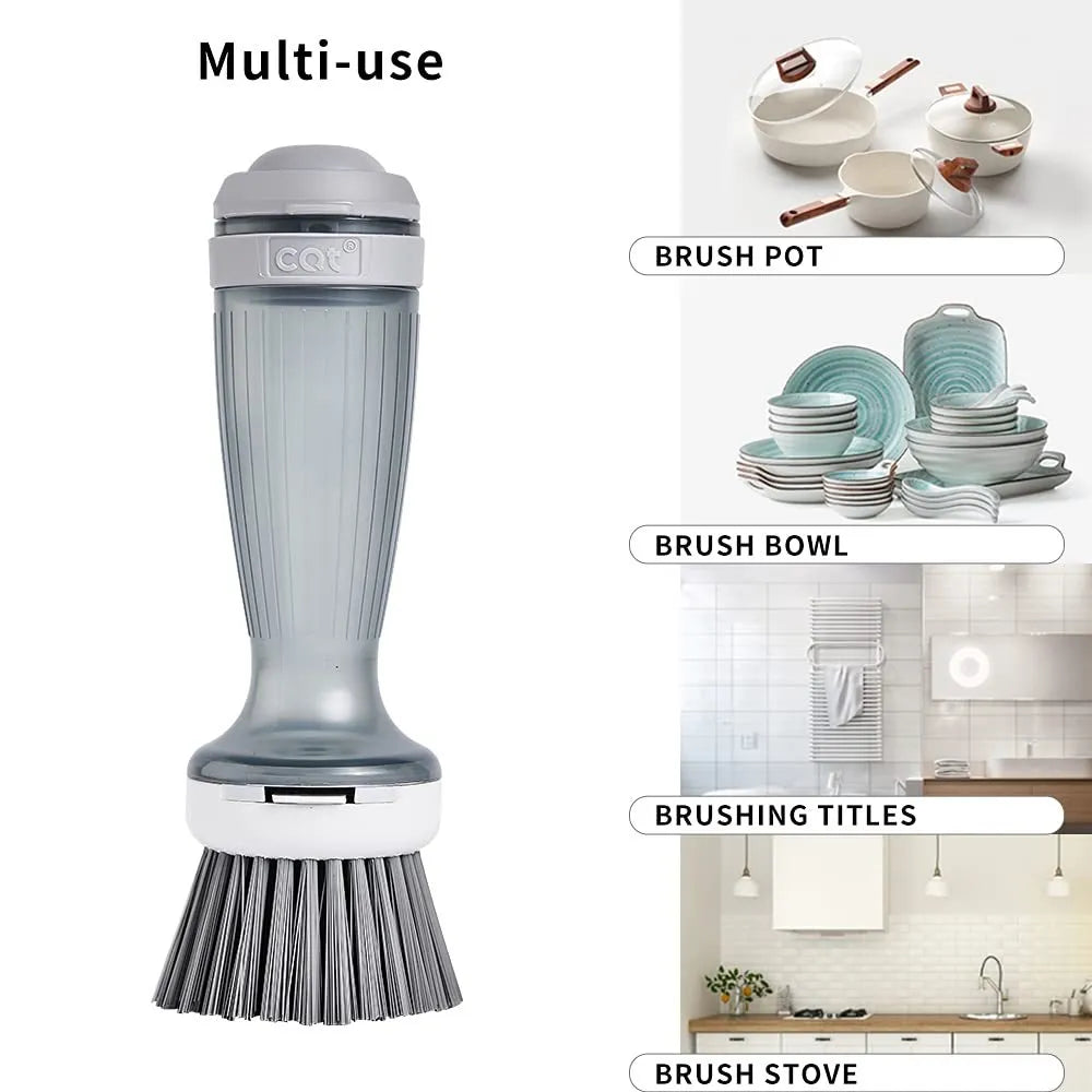 Milk white and mint green kitchen dish brush with soap dispenser and replaceable non-scratch head.