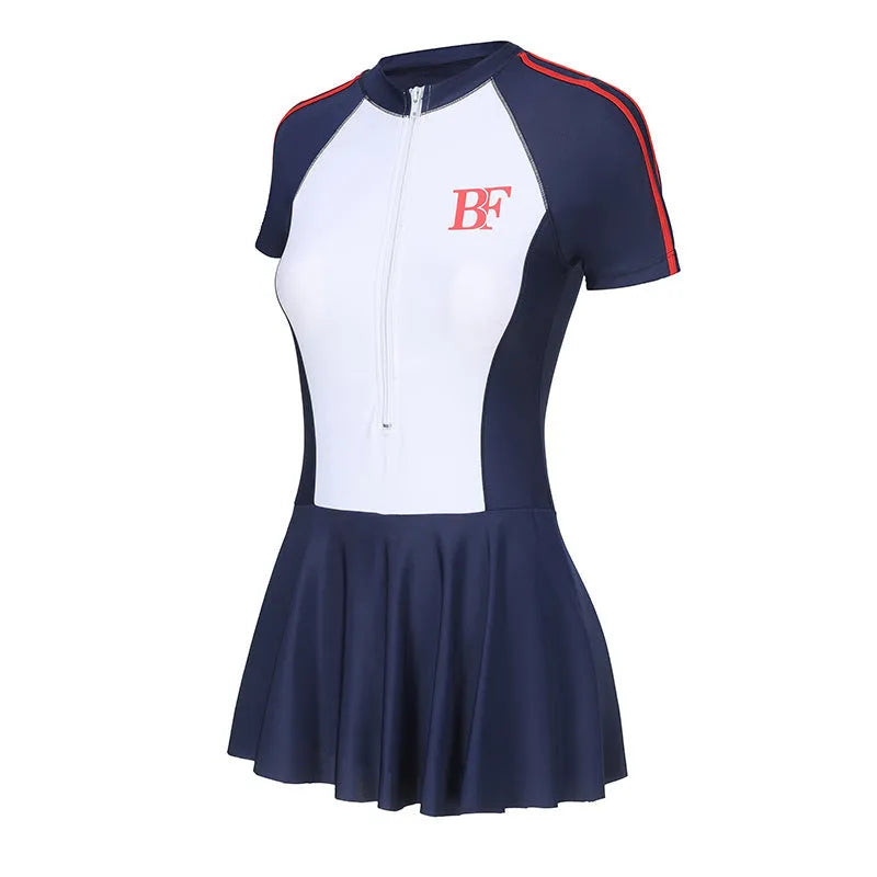 Conservative sports one-piece swimsuit in colour-blocked pattern for fitness and swimming activities