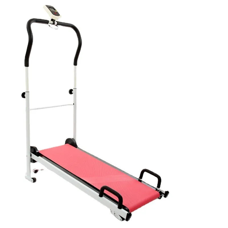 Multi-purpose folding walking machine in grey with compact dimensions, foldable frame, and contact heart rate sensors on handlebars