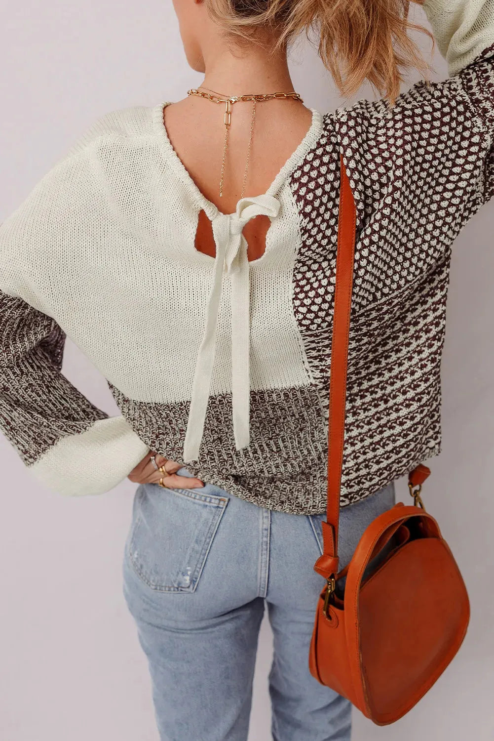 Dark khaki colour block women's loose sweater with drop shoulders and a back tie fastening.