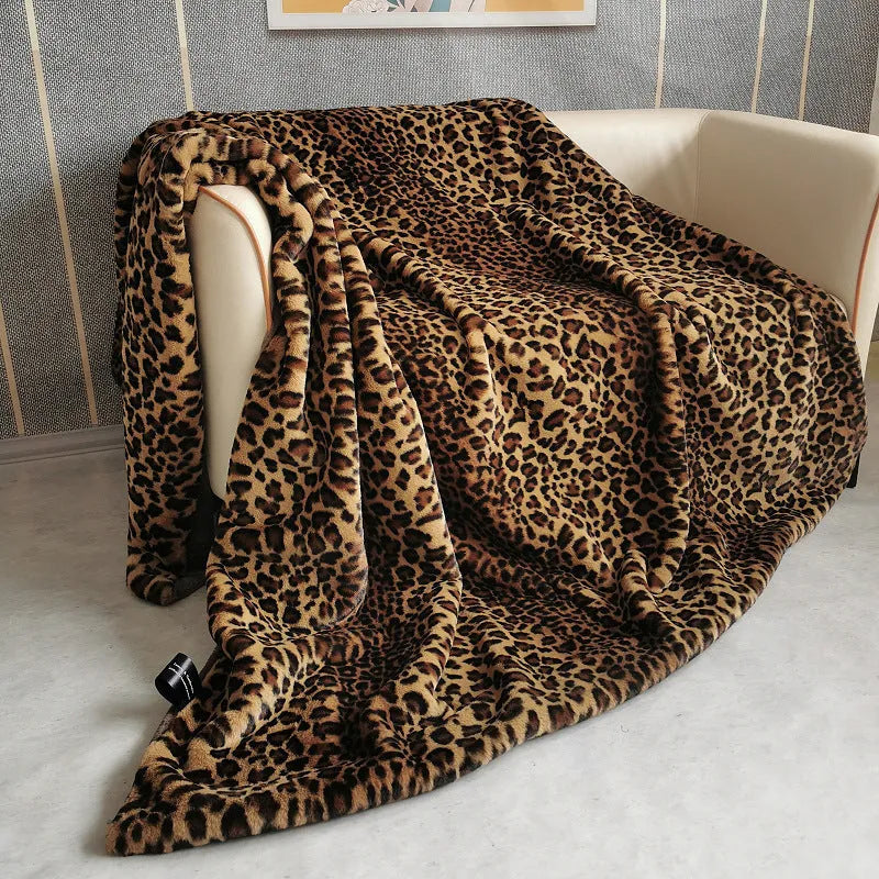Leopard print artificial wool blanket in brown gradient, polyester fibre, available in multiple sizes