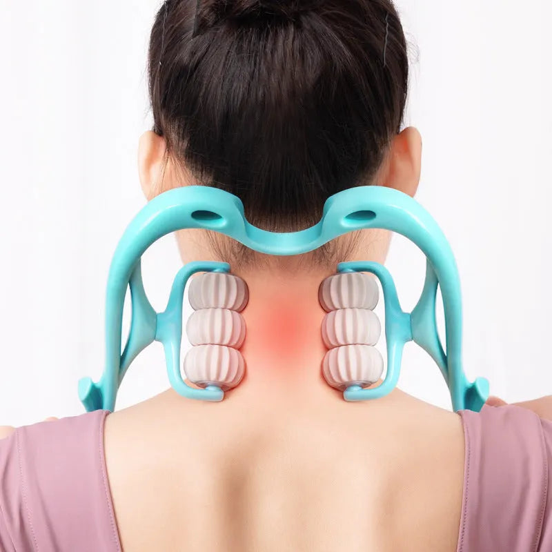 Blue six-wheel manual neck and shoulder massager with adjustable intensity settings on a white background