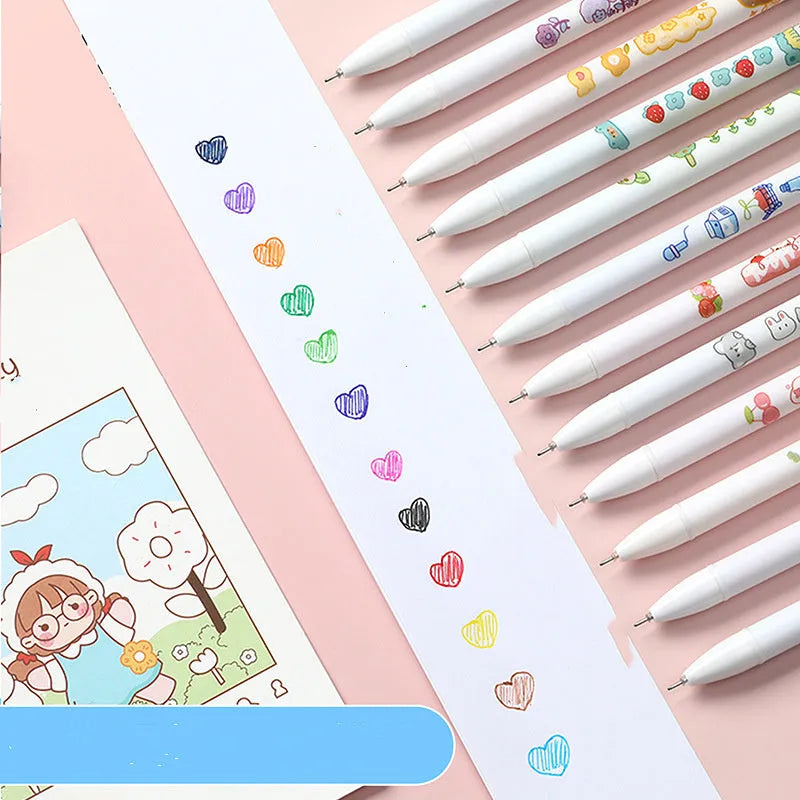 Twelve-colour 0.5mm gel pen set with plastic barrels in Cartoon hand account style